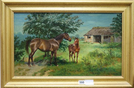 Wilson Hepple A chestnut mare with a foal in a field 11.5 x 19.5in.